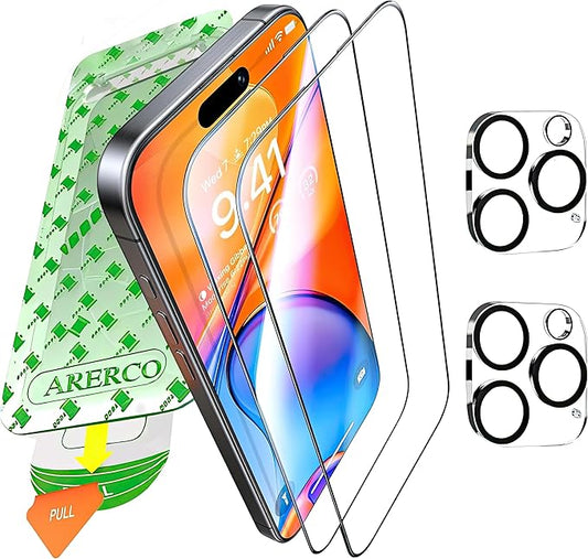 ARERCO 2 Pack for iPhone 16 Pro Max Screen Protector + 2 Pack Camera Lens Protector 9H+ Military Grade Tempered Glass Full Coverage, Shatterproof, Anti-Scratch, HD Clear, Easy Installation