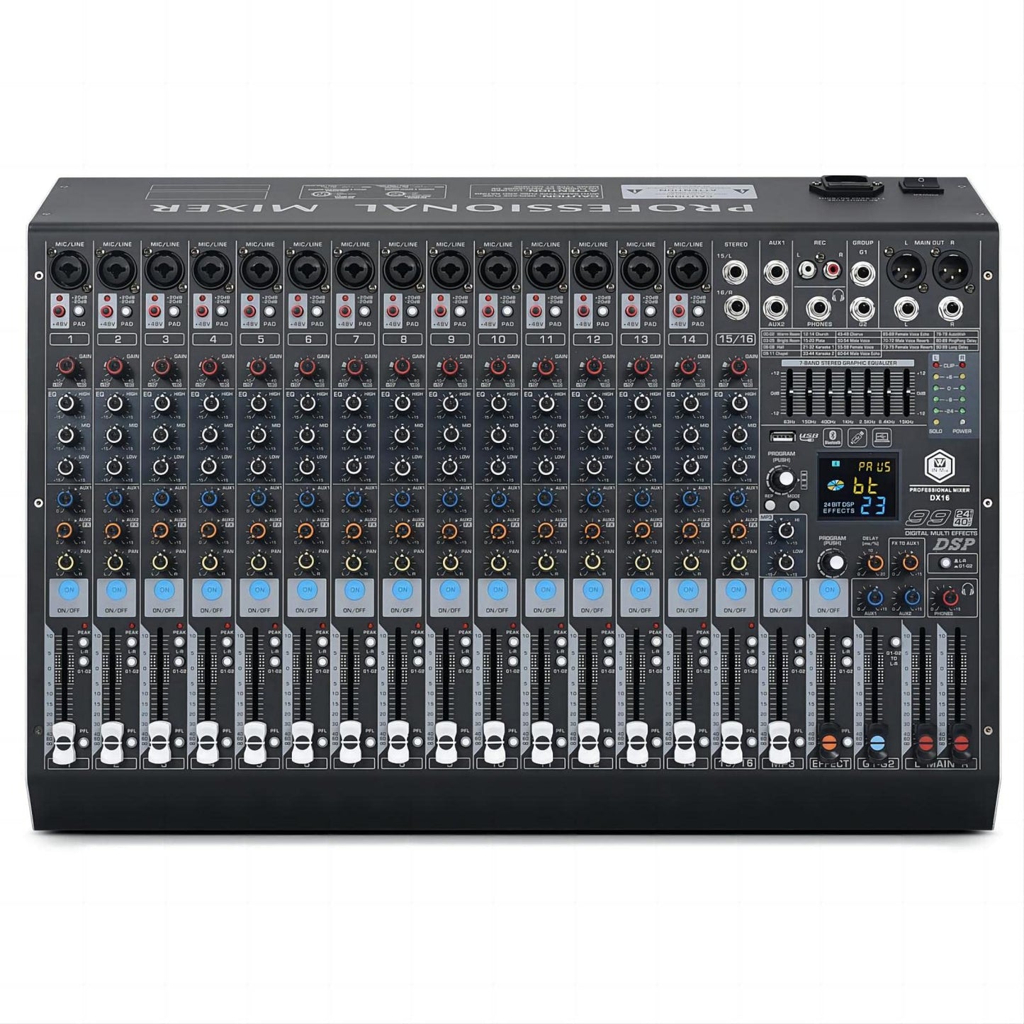 W IN-MIX DX16 Professional 16-Channel DJ Mixer with 99 DSP Effects, 7-Band EQ, 48V Phantom Power, Bluetooth & USB Recording for Live Performance, Studio, Podcast & Streaming
