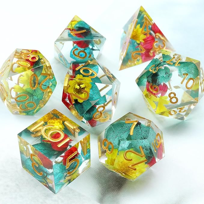 Haxtec Flower Sharp Edge Dice Resin DND Dice Set 7PCS Yellow Blue Red Polyhedral D&D Dice for Role Playing Dice Games Compatible with Dungeons and Dragons