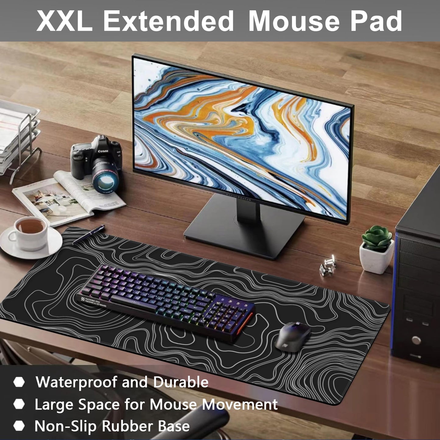 Mouse Pad, Large Mountain Topographic Terrain Map Desk Mat, Extended Non-Slip Gaming Keyboard Mousepad Desk Pad, Thick Stitched Edges Waterproof Mouse Mat 31.5"x15.7" (White Topographic Line Art)