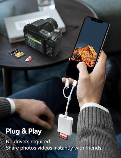 SD Card Reader for iPhone, SD Card Adapter with Lightening & USBC Dual-Connector for iPhone 5-14, USB-C iPhone 15, iPad, Mac or MacBook, Supports SD MicroSD Trail Camera Viewer, Plug and Play