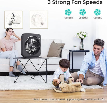 AMACOOL Table Fan, 12 inch Box Fan with 3 Adjustable Speeds & 8HRS Timer, 270° Pivoting Quiet Air Circulator, Desktop Fan for Bedroom Bathroom Kitchen Office, AC Adapter Included-Black