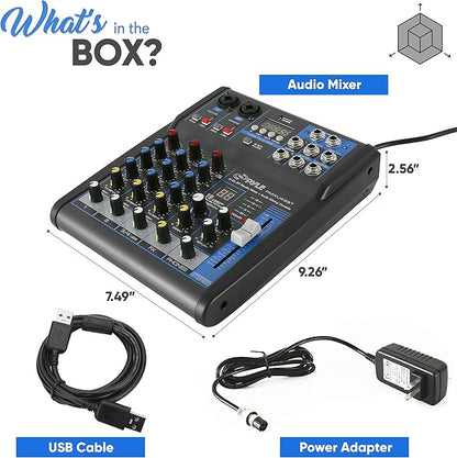 Pyle Professional Audio Mixer Sound Board Console System - Interface 4 Channel Digital USB Bluetooth MP3 Computer Input 48V Phantom Power Stereo DJ Studio Streaming FX 16-Bit DSP processor - PMXU43BT