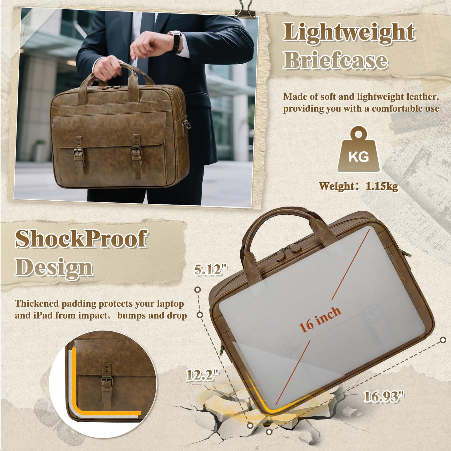 RAINSMORE Messenger Bag for Men 16 Inch Laptop Bag Vintage Leather Waterproof Laptop Briefcases Large Computer Bags Retro Satchel Shoulder Bag for Work，Business，Office，College