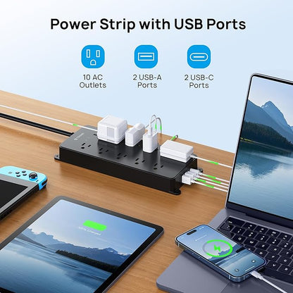 TROND Surge Protector Power Strip 10ft, 4000J, ETL Listed, 10 Widely Spaced Outlets, 2 USB A & 2 USB C Ports, Flat Plug Long Extension Cord, Wall Mountable, for Home Office Entertainment, Black