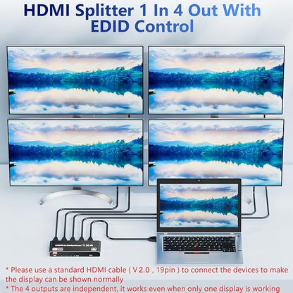 HDMI 2.0 Splitter 1 in 4 Out, LUKFOCAB 1x4 HDMI Splitter 4K@60Hz 8:8:8 HDR, HDMI 2.0, HDCP 2.2, 18Gbps, Auto EDID, Supports UHD 3D D-o-l-b-y 4 Ports Mirror Mode and Multichannel Audio Streams
