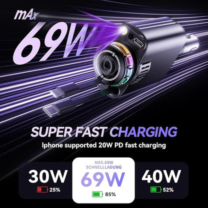 Retractable Car Charger with Aromatherapy and Starlight, 5 in 1 USB C Car Charger Adapter, 69W Fast Charging Cars Phone Chargers, Cars Air Freshener Compatible with iPhone 16 15 14 13 12 and Android