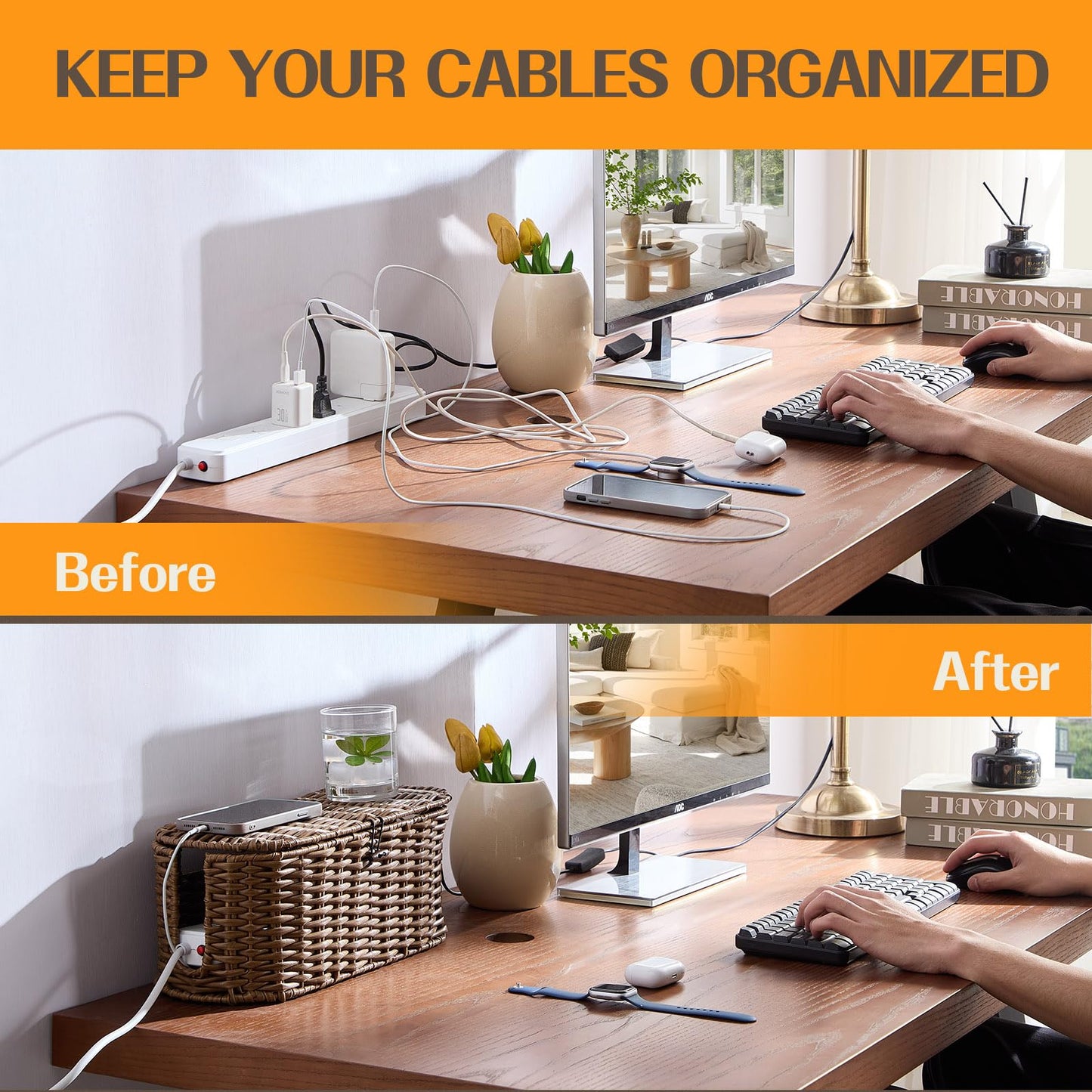 FairyHaus Cable Management Box 2Pack Brown, Handwoven Large and Small Cable Organizer Box Cover to Hide Cords and Power Strip, Imitation Wicker Cord Organizer Box Hider for Office Desk and Floor