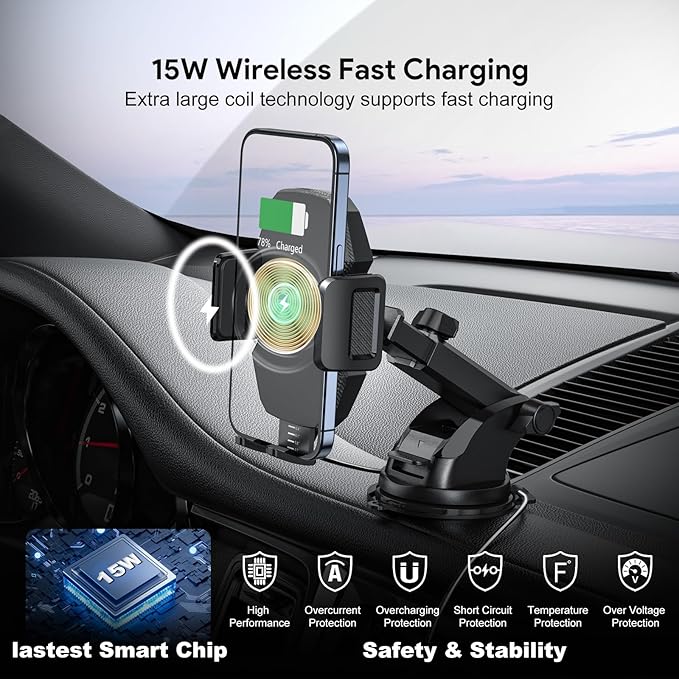 Car Phone Holder &15W Wireless Fast Charger, Auto-Clamp Qi Charging Mount, 360° Adjustable Phone Holder for iPhone/Android, Air Vent Mount with Overcharge Protection - by Esoulk