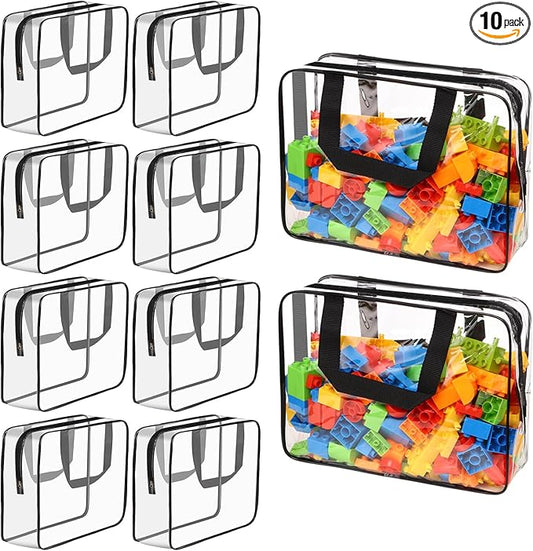 10 Packs Large Toy Storage Bags with Labels, Waterproof Clear PVC Storage Bags for Toys, Travel Organizer Bags with Zipper Closure for Puzzles, Building Blocks, Kids' Books