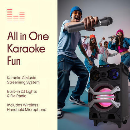 Pyle 500 Watt Portable BT Connectivity Karaoke Speaker System - PA Stereo with 8" Subwoofer, DJ Lights Rechargeable Battery Microphone, Recording Ability, MP3/USB/SD/FM Radio - PWMA325BT