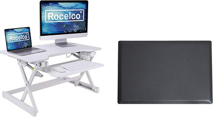 Rocelco 32" Height Adjustable Standing Desk Converter BUNDLE - Sit Stand Computer Workstation Riser with Anti Fatigue Mat - Dual Monitor Retractable Keyboard Tray Gas Spring - Black (R EADRW-MAFM)