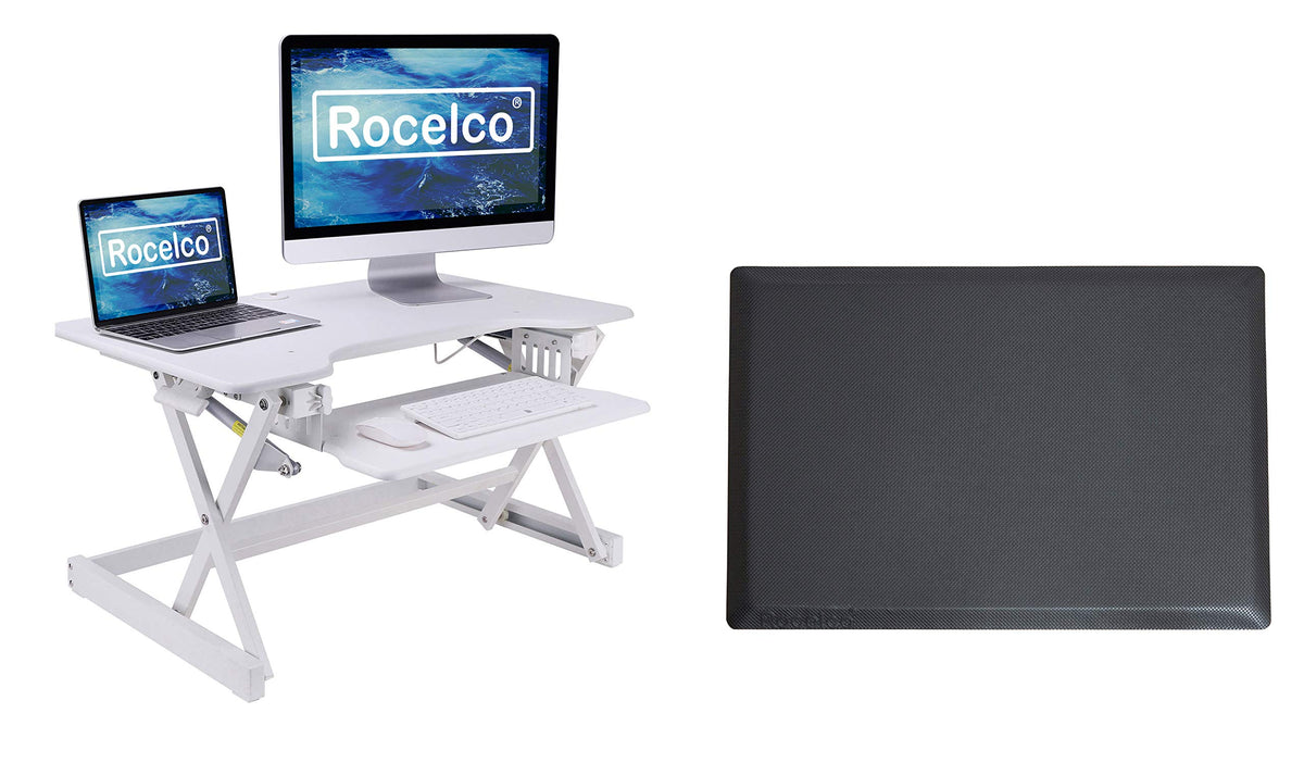 Rocelco 32" Height Adjustable Standing Desk Converter - Sit Stand Computer Workstation Riser - Dual Monitor Retractable Keyboard Tray Gas Spring Assist - Black (R EADRB2)