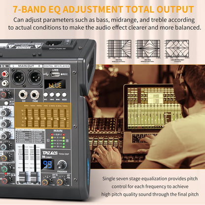 TKLBLS 4 Channel Audio Mixer for Home Audio, Sound Mixer Board with USB Interface, 99 DSP Effects, 48V Phantom Power, XLR Inputs for Karaoke, Recording