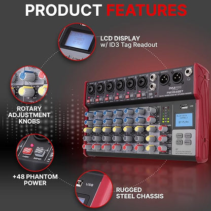 Pyle Professional Wireless DJ Audio Mixer - 8-Channel Bluetooth Compatible DJ Controller Sound Mixer w/USB Port, 6 Mic/Line Input, ¼” Mono/Stereo Input, Headphone Jack, +48V Phantom Power - PMX848BT