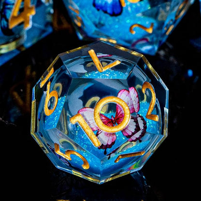 Butterfly DND Dice Blue Liquid Core Dice Set with Metal Box, Handmade Sharp Edge D and D Polyhedral Dice for use with D&D Role Playing Game, D20 D12 D10 D8 D6