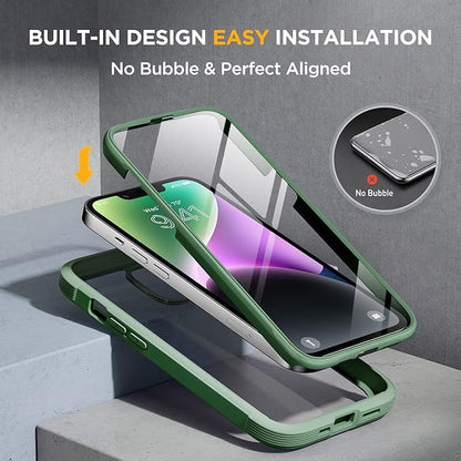 Miracase Glass Series Designed for iPhone 14 Plus Case 6.7 inch, 2023 Upgrade Full-Body Clear Bumper Case with Built-in 9H Tempered Glass Screen Protector and Camera Lens Protector,Green