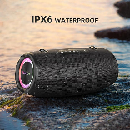 ZEALOT 80W Portable Bluetooth Speaker, Stereo Sound with Deep Bass,IPX6 Waterproof, LED Light,Bluetooth 5.2, Indoor/Outdoor Speaker for Party, Gathering, Pool, Camping,Travel (Black)