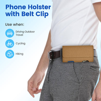 Mopaclle Nylon Phone Holster with Heavy Duty Metal Belt Clip and Card Holder, Compatible with iPhone 13/12 Mini, iPhone SE, iPhone 8/7/6S/6, and Galaxy S7/S6/S5 - Khaki