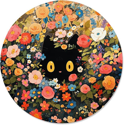 ITNRSIIET Round Mouse Pad with Stitched Edge Premium-Textured Waterproof Non-Slip Rubber Base Desktop Protection Mat Diameter 8.7 inches, Flower Cat