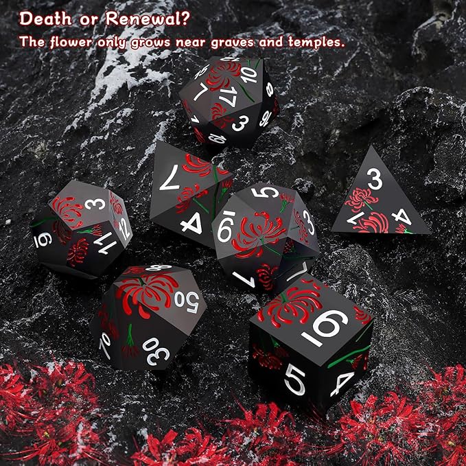 PJOY Metal Dice Set D&D Flower Dice Set DND Polyhedral Dice for RPG Role Playing Games Compatible with Dungeons and Dragons TTRPG Black Red White DND Dice