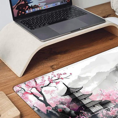 Japanese Cherry Blossom Large Mouse Pad,Gaming Keyboard Desk Pad,Extended Mouse Mat Non-Slip Rubber Base with Stitched Edges for Office Game Home XXL 35.4"x15.7"