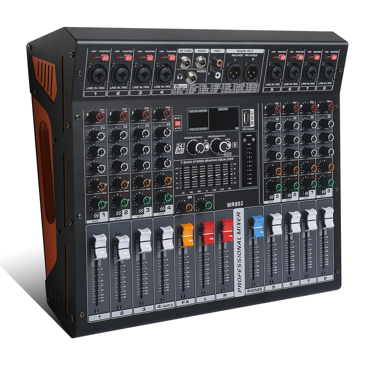 Dj Mixers 4 Channel Audio Mixer Sound Board with Bluetooth, Usb Audio Interface with 48V Phantom Power Sounds Mixer Board with 99 DSP FX Reverb Delay Effect
