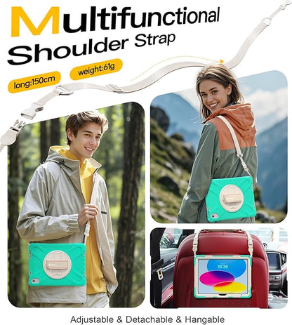 BRAECN for iPad (A16) 11th/10th Generation case 11/10.9 inch 2025/2022 Heavy Duty Shockproof Protective with Pencil Holder Screen Protector 360°Rotating Stand Handle & Shoulder Strap Full Body Cover