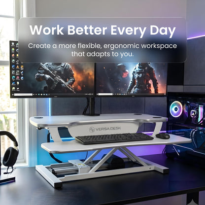 VERSADESK PowerPro 36 Inch Electric Standing Desk Converter – Push-Button Height Adjustable Sit to Stand Desk Riser for Dual Monitors & Laptop – Motorized Desktop Workstation with Wide Keyboard Tray