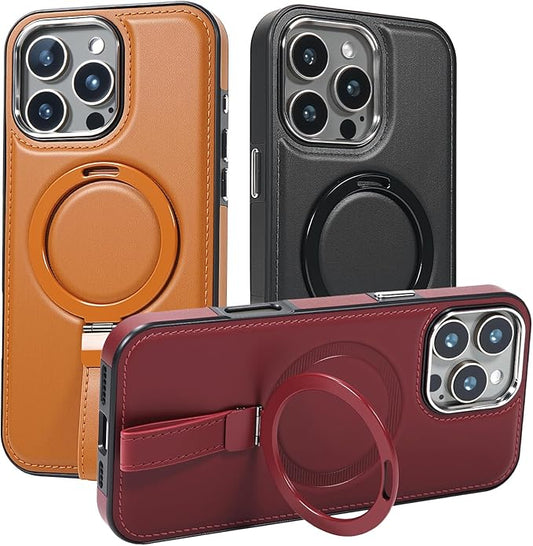 Leather Case, Suitable for iPhone 16 Case, Invisible Magnetic Design, Equipped with a Lanyard and Foldable Stand, Black, Yellow and red (Black, iPhone 16)
