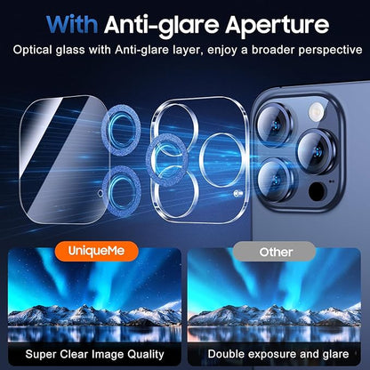 UniqueMe for 3 Pack iPhone 15 Pro/iPhone 15 Pro Max Camera Lens Protector, [Drop Protection] [Case Friendly] 9H+ Tempered Glass Camera Cover Screen [Update New Version] - Glitter Blue