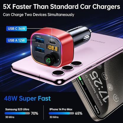 Syncwire Bluetooth 5.4 FM Transmitter Car Adapter 48W (PD 36W & 12W) [Light Switch] [Hi-Fi Deep Bass] [Fast Charge] Wireless Radio Music Adapter LED Display Hands-Free Calling Support USB Drive, Red