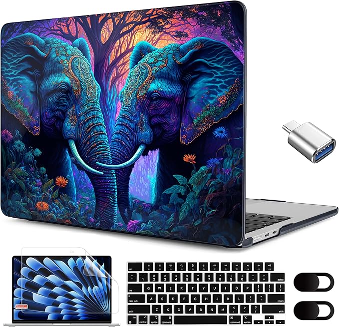 MEEgoodo Portable Electronic Device Cover for MacBook Air M3 M2 15.3 inch 2023-2024, Hard Case with Keyboard & Webcam Cover, Screen Protector, OTG Adapter, Elephants