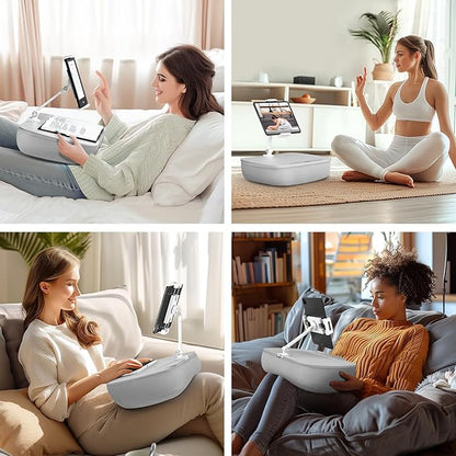 Lap Beanbag Cozy Kindle Pillow Stand for Bed with Adjustable Arm, 360° Tablet Holder, Fits 4.7"-13" Kindle, iPad, Phone, Laptop, Lap Desk for Hands Free Reading in Bed, Couch, Sofa(Light gary)
