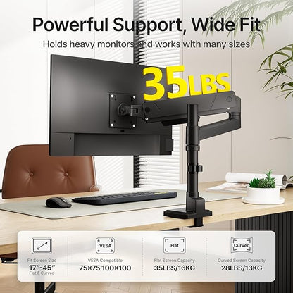 monTEK Tall Single Monitor Arm for 17 to 45 Inch Curved Screen Adjustable Upgraded Heavy Duty Ultrawide Monitor Arm Holds 35 Lbs Cable Management with C Clamp, Grommet Base, VESA 75/100mm, MA1007PBK