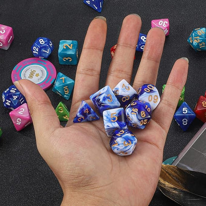 QMAY DND Dice Set - 7 Pcs Polyhedral Dice with D&D Dice Bag for Dungeon and Dragons, RPG, MTG, Role Playing Games Dice (Blue Mix White)
