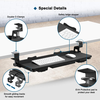 TECLUK Keyboard Tray Under Desk with Drawer,26.77" X 11.81" Keyboard Tray Large Size with C Clamp-on Mount, Easy to Install, Save Space for Office Desk (Black)