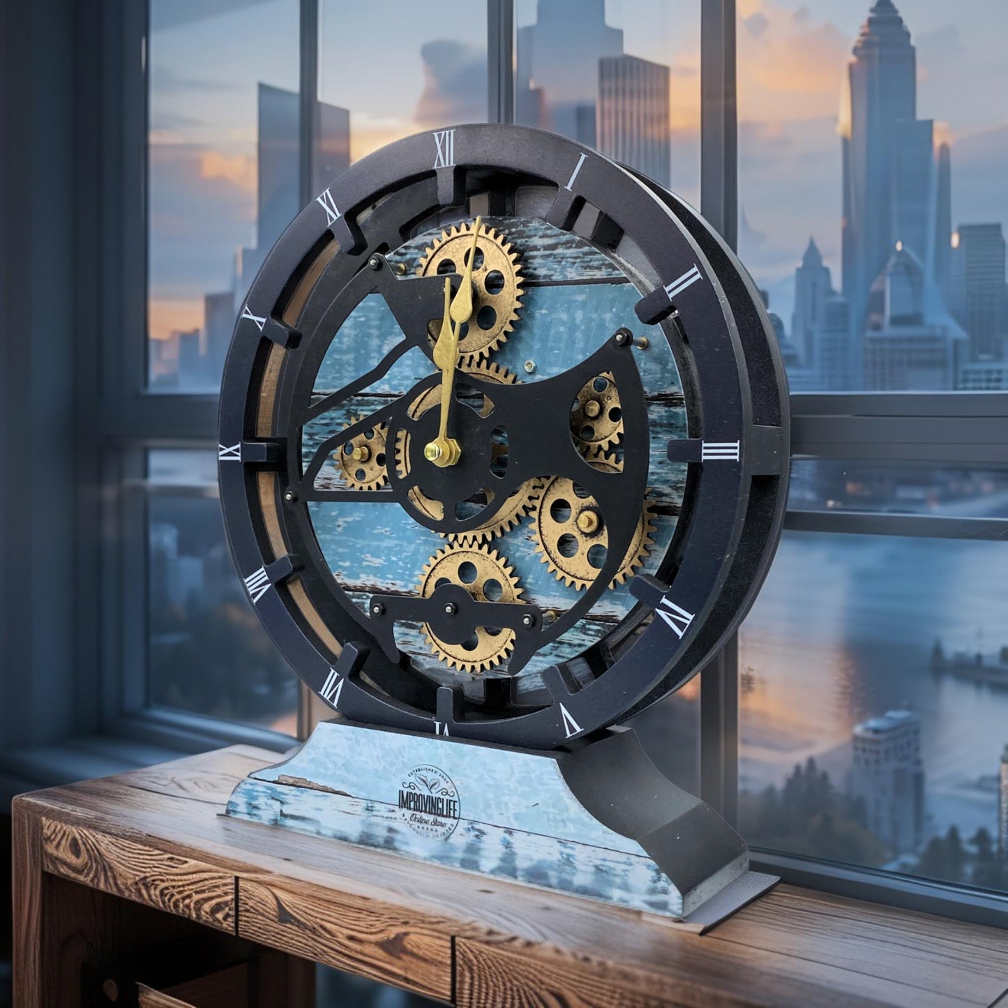 ImprovingLife The Gears Clock Desk Clock 10 inches with Real Moving Gears Convertible into Wall Clock (Aqua Green)