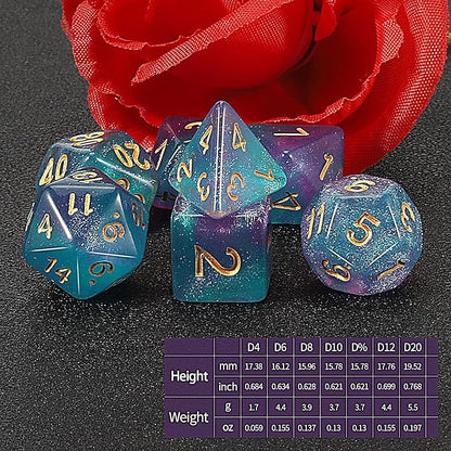 QMAY DND Dice Set -D&D Polyhedral Dice (7 Pcs) for Dungeons and Dragons (Purple Light Blue Glitter)