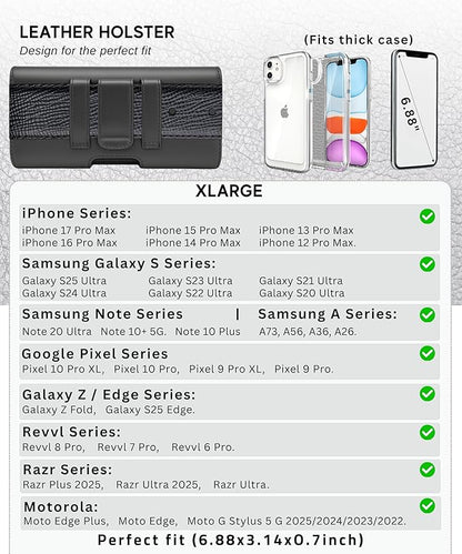 Phone Holster for Men & Women, Horizontal Cell Phone Case, Fits iPhone 17/16/15/14/13/12 Pro Max, Belt Clip/Loop Carrying Phone Pouch Holder, Black X-Large
