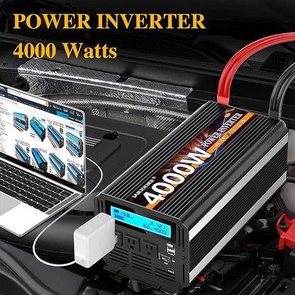 4000 Watt Power Inverter 12V DC to 110V 120V Converter for Family RV Off Grid Solar System Car with Type-C Ports 3 AC Power Outlets Dual USB Ports LCD Display Wireless Remote Control