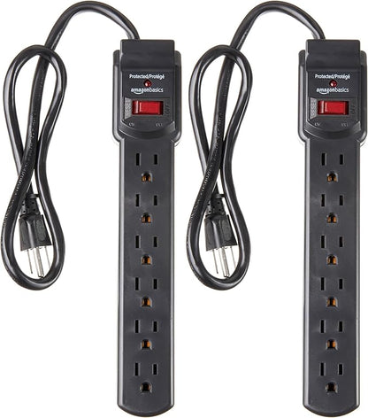 Amazon Basics Surge Protector Power Strip, 6-Outlet with 200J Protection, 2ft Extension Cord, Rectangle, Black (2 Pack)