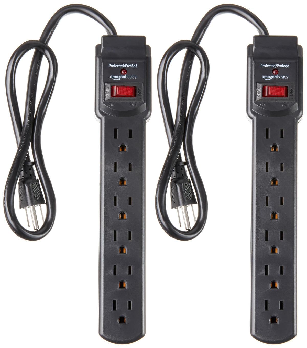 Surge Protector Power Strip, 6-Outlet with 200J Protection, Circuit Breaker, LED Indicator, On/Off Switch, Wall-Mounting, 2ft Extension Cord, White, 2-Pack