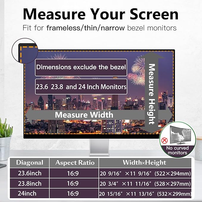 Magnetic Computer Privacy Screen Filter 24 Inch for Frameless Monitor Thin Bezel 16:9 Widescreen, Hanging Removable Anti Blue Light Privacy Shield Protector Eye Protection