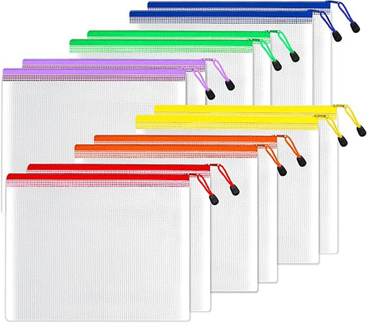 SUNEE Plastic Mesh Zipper Pouch 9.2x12.5 in (6 Colors, 12 Packs),Extra Large Water-Resistant Zip Bag for School Office Supplies, Puzzles & Games Organizing Storage