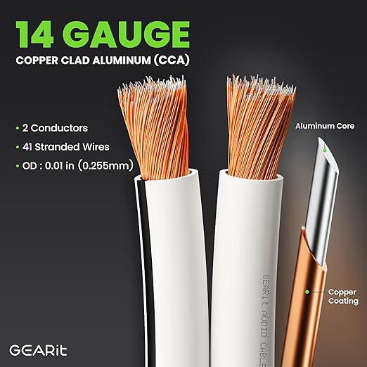GEARit 14 Gauge Speaker Wire 100 ft,Speaker Cable with Foot Markers & Polarity Markings,14 Gauge Wire for Car Audio & Home Theater Speakers,Audio Cable for DIY Installations,CCA(White)