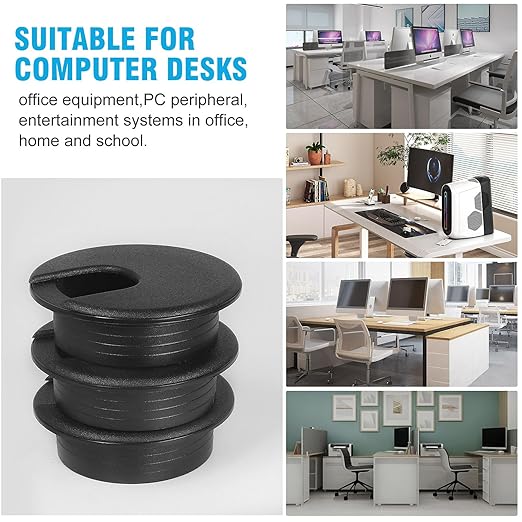 2" Black Desk Grommet, JTemgle Plastic Cable Hole Cover Computer Table Cord Wire Organizer Caps Desktop Cord Management for Home Office TV Stands Tabletops, 2 Pieces