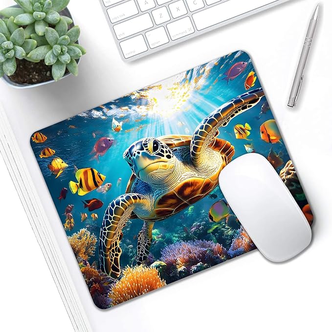 Mouse Pad, Cute Ocean Colorful Turtle Mouse Pads for Desk, 9.5" x 7.9" Non-Slip Rubber Base Computer Mousepad with Women, Portable Square Design for Wireless Mouse and Pad Laptop Office & Travel