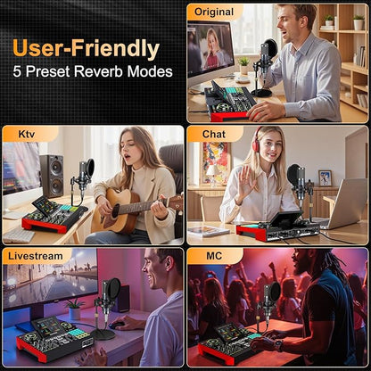Podcast Equipment Bundle with Live Sound Card Audio Mixer, 3.5mm Condenser Microphone for PC/Phone Streaming and Singing, Podcast Microphone Bundle with Voice Changer sound board