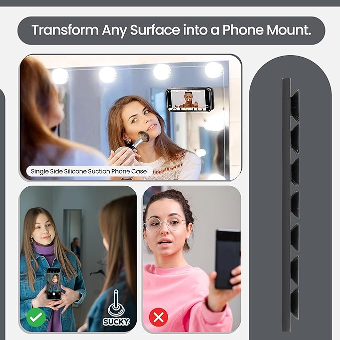 SUCKY Silicone Suction Phone Case Adhesive Mount - Anti-Slip Holder, Hands-Free Fidget Toy, Phone Accessory for iPhone and Android (Deep Black, Single Sided)